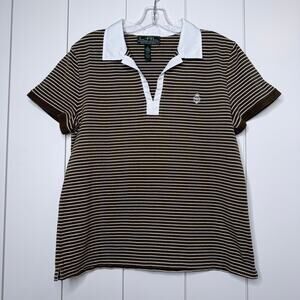 Lauren Ralph Lauren Active Stripe V-Neck Polo Top Women’s XL Brown White